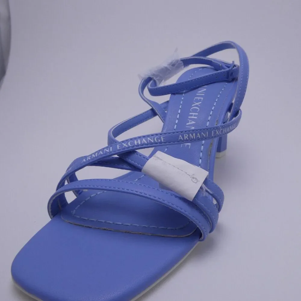 Armani Exchange Women's 6 Light Blue Leather Strappy Sandals Buckle Heel Square
